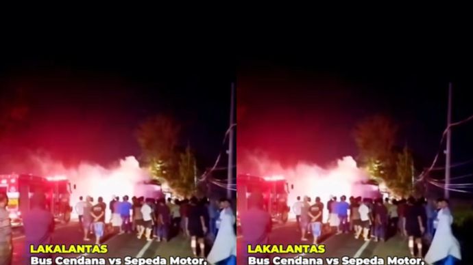 Bus cendana EX mira dan pengendara sepeda motor terlibat kecelakaan di depan pabrik lotus Sukomoro Nganjuk. Selasa, 22 Juli 2025.