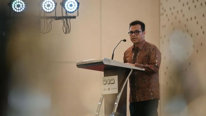 Wakil Menteri Komunikasi dan Digital (Wamenkomdigi) Nezar Patria saat menghadiri Forum Internasional CTRL+J Asia Pacific (APAC) yang digelar di Jakarta Pusat, Selasa, 22 Juli 2025.