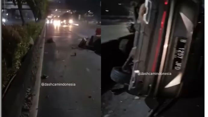 ada kecelakaan tunggal 1 mobil Wuling Almaz menabrak Separator busway, tidak ada korban jiwa, hanya luka ringan