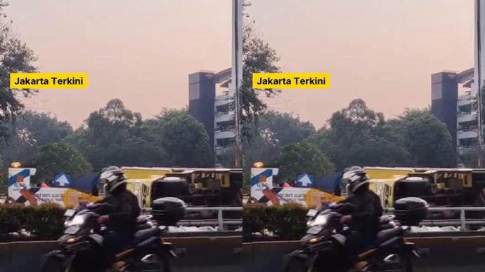 Sebuah truk terguling di Tol Dalam Kota Cawang arah Grogol pagi tadi, Kamis (24/7/2025). Harap berhati-hati Jakartans!