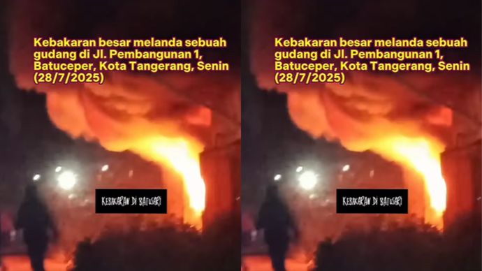 Kebakaran besar melanda sebuah gudang di Jl. Pembangunan 1, Batuceper, Kota Tangerang, Senin (28/7/2025) malam.