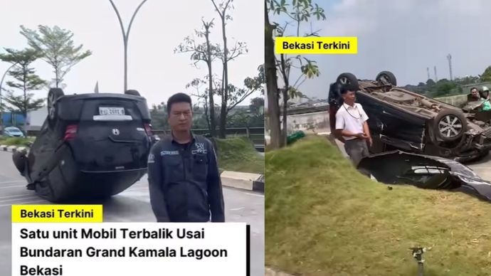 Sebuah mobil dilaporkan terbalik di kawasan Grand Kamala Lagoon (GKL), Bekasi, pada Selasa pagi (29/7), tepatnya setelah bundaran arah ke mall  Kejadian ini sempat mengejutkan warga dan pengguna jalan yang melintas di area tersebut.