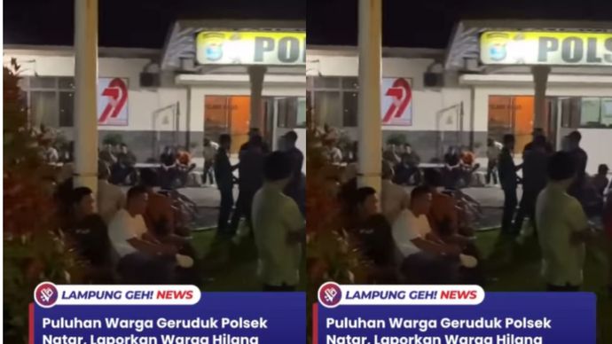 Lampung Selatan - Puluhan warga menggeruduk Mapolsek Natar, Lampung Selatan. Aksi itu dipicu usai hilangnya seorang pemuda berinisial P (24).