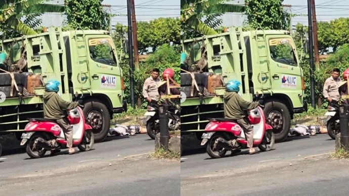 pengendara motor seorang ibu yang hendak naik ke badan jalan (aspal). Diduga ia tergelincir dan terjatuh ke arah kiri, lalu terlindas truk yang melintas.
