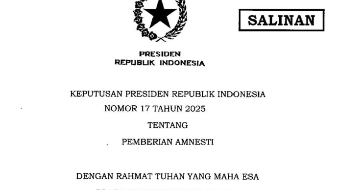 Salinan Keputusan Presiden (Keppres) Republik Indonesia Nomor 17 Tahun 2025 tentang Pemberian Amnesti. ANTARA/Genta Tenri Mawangi.
