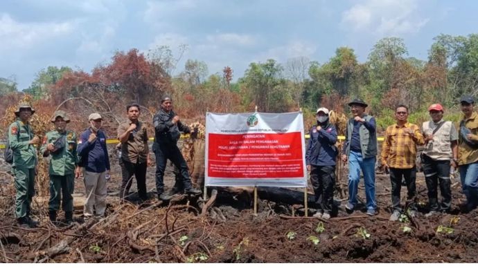 Tim Gakkum Kemenhut melakukan penyegelan areal gambut terbakar di Riau, Selasa (29/7/2025)