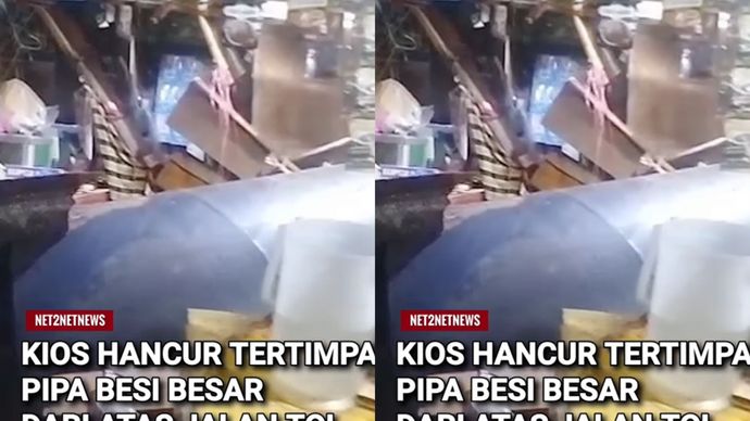 besi besar tersebut sudah berada didalam kios ,atap kiospun hancur , tampak pula sejumlah pipa besi lebih kecil dibagian dalam pipa besi besar tersebut.