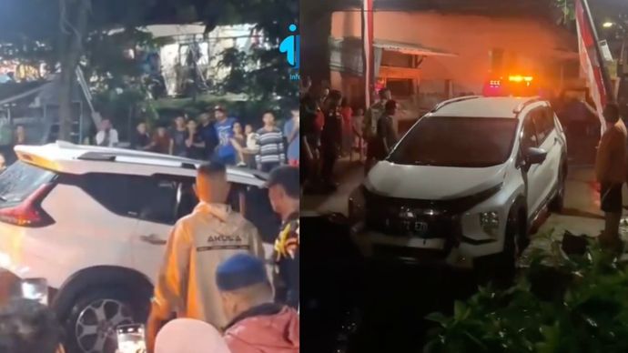 Mobil terperosok di kali yang ada di Perumahan Bukit Cengkeh 2, Tugu, Kecamatan Cimanggis, Depok, Jawa Barat pada Senin malam, 11 Agustus 2025.