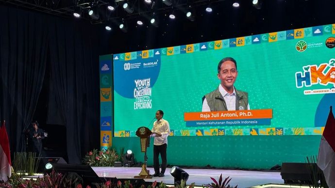 Menhut Raja Juli Antoni ketika memberikan arahan dalam Puncak Hari Konservasi Alam Nasional (HKAN) 2025 yang diadakan di Jakarta, Senin, 11 Agustus 2025.