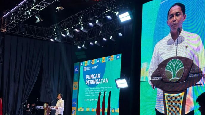 Menhut Raja Juli Antoni memberikan arahan dalam uncak peringatan Hari Konservasi Alam Nasional (HKAN) 2025 di Jakarta, Senin, 11 Agustus 2025.