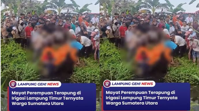  Mayat perempuan yang ditemukan di aliran sungai paret 8 Desa Semarang Baru, Pasir Sakti, Lampung Timur, berinisal H warga Deli Serdang, Sumatera Utara.