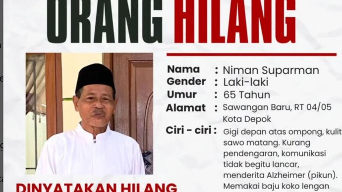 Seorang warga bernama Niman Suparman (65 tahun), dilaporkan hilang setelah meninggalkan rumah pada 3 Mei lalu dan belum kembali hingga saat ini. Menurut keterangan keluarga, Niman memang kerap keluar rumah, namun pada hari itu tidak kembali seperti biasanya.