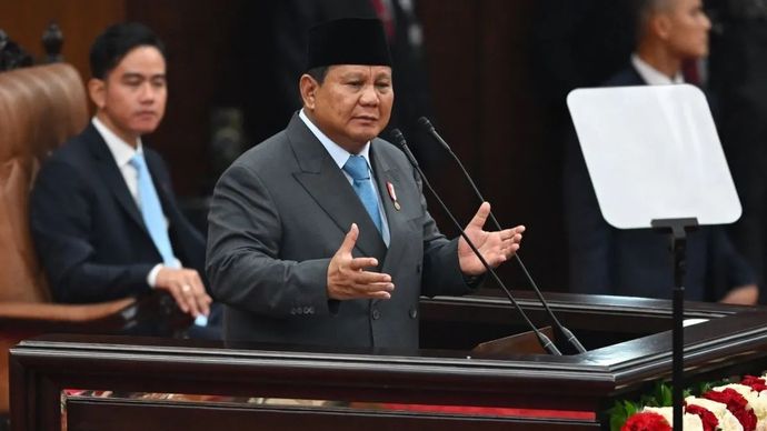 Presiden Prabowo Subianto menyampaikan pidato dalam Sidang Tahunan MPR RI dan Sidang Bersama DPR-DPD RI Tahun 2025 di Gedung Nusantara, Kompleks Parlemen, Jakarta, Jumat, 15 Agustus 2025.