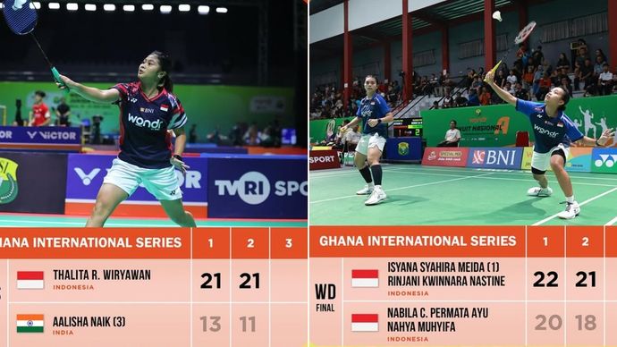 Tunggal Putri Thalita jadi juara di Ghana IS 2025 usai taklukkan wakil India Aalisha Naik (Kiri). Isyana/Rinjani berhasil menjadi juara di Ghana IS usai menangkan laga kontra melawan Nabila/Nahya. (Kanan) 