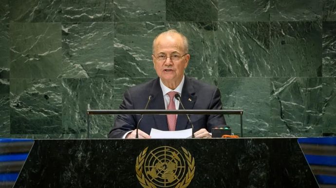 Perdana Menteri Palestina Mohammad Mustafa, yang juga Menteri Luar Negeri Palestina berpidato pada KTT PBB Masa Depan di Markas Besar PBB di New York, 23 September 2024. ANTARA/Handout via Xinhua/Loey Felipe/Foto PBB.