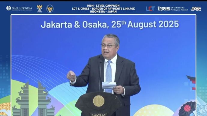 Tangkapan layar - Gubernur BI Perry Warjiyo dalam High Level Campaign LCT &amp; Launching QRIS Cross Border Indonesia-Jepang di Jakarta, Senin (25/8/2025).