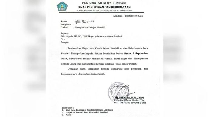 Surat edaran libur sekolah jenjang SD, SMP, dan Madrasah di Kota Kendari, Sulawesi Tenggara.