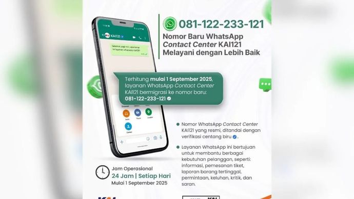 Poster pengumuman perubahan Nomor WhatsApp Contact Center KAI121 