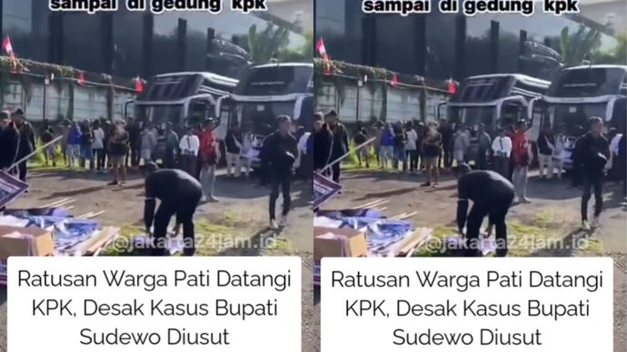 Tiba di Jakarta, ratusan warga Kabupaten Pati berunjuk rasa di depan gedung KPK pagi ini, Senin (1/9). Ratusan warga yang tergabung dalam Koalisi Pati Bersatu itu mendesak KPK agar mengusut dugaan kasus Korupsi yang menjerat Bupati Sadewo.