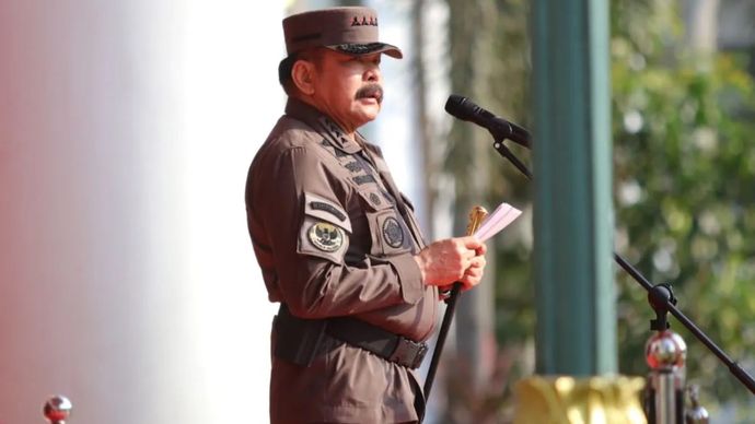 Jaksa Agung ST Burhanuddin berbicara dalam Upacara Peringatan Hari Lahir Kejaksaan Republik Indonesia ke-80 di Gedung Kejaksaan Agung, Jakarta, Selasa 2 September 2025 (ANTARA/HO-Kejaksaan Agung RI)