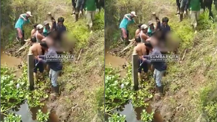 Seorang pelangsir sawit jatuh di sungai di Jembatan Sungai Rai 1 PT Incasi Raya, Nagari Muara Sakai Inderapura, Kecamatan Pancung Soal, Pesisir Selatan, pada Rabu (3/9) sekitar pukul 11.00 WIB