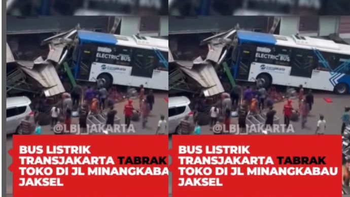 Bus Listrik Transjakarta dengan nomor koridor 04 menabrak sebuah toko di Jl Minangkabau Timur, Menteng Atas, Jakarta Selatan pada Sabtu siang (6/9).