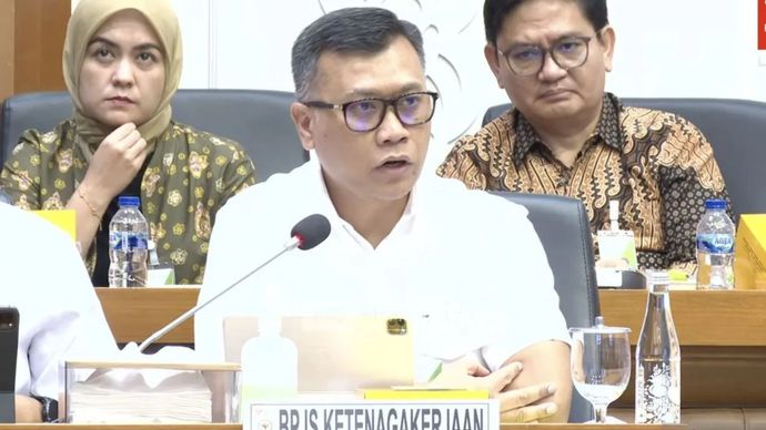 Tangkapan layar - Pramudya Iriawan Buntoro selaku Direktur Utama BPJS Ketenagakerjaan dalam rapat dengar pendapat umum dengan Badan Legislasi DPR RI di Jakarta, Senin (8/9/2025).