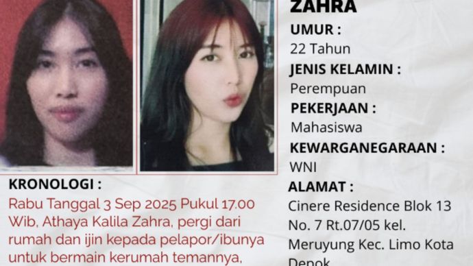 Seorang wanita bernama ATHAYA KALILA ZAHRA dikabarkan pergi dari rumah dan belum pulang. Wanita berusia 22 tahun itu sejak tanggal 3 September 2025 lalu pergi meninggalkan rumah tanpa pamit.