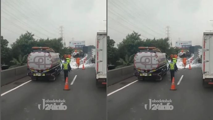 Terjadi kecelakaan antara 2 kendaraan truk yang bermuatan cat sehingga tertumpah di ruas Jalan Tol Ancol KM. 14.400 Pluit arah Tj. Priok sekitar pukul 06.03 WIB pagi hari ini yang disebabkan pengemudi mengantuk.