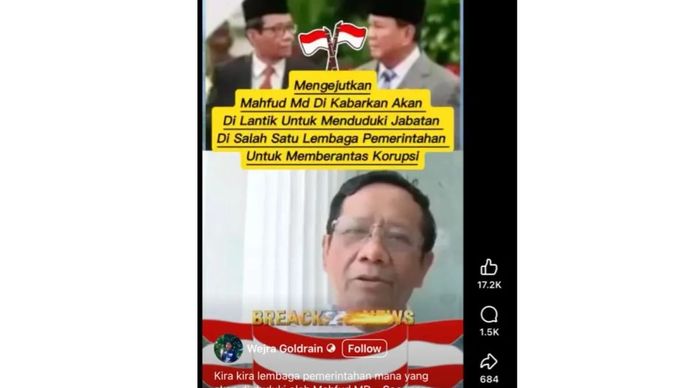 Unggahan yang menarasikan Mahfud MD komentari kabar pelantikannya di kabinet Merah Putih. Faktanya, video tersebut merupakan video 2019 yang diunggah kembali. (Facebook)