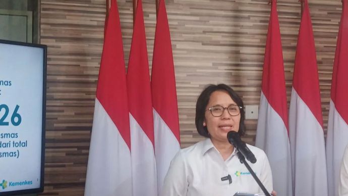 Direktur Jenderal (Dirjen) Kesehatan Primer dan Komunitas Kemenkes Maria Endang Sumiwi dalam konferensi pers yang digelar oleh Kementerian Kesehatan bersama Badan Komunikasi Pemerintah di Jakarta, Kamis (18/9/2025).