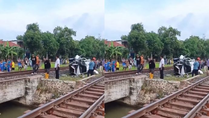 BREAKING: Sebuah mobil putih dengan nomor polisi B 1511 SMC tertemper kereta api di perlintasan tanpa palang pintu Haji Darmin, Kecamatan Kertasemaya, Kabupaten Indramayu, Sabtu (20/9/2025). Peristiwa itu terjadi saat kondisi cuaca hujan deras mengguyur wilayah setempat.