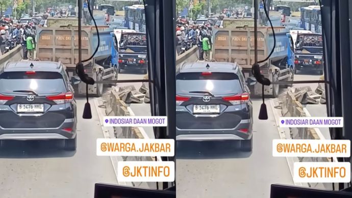 Telah terjadi kecelakaan yang melibatkan pengendara motor dengan sebuah truk di Jalan Raya Daan Mogot depan Indosiar, Selasa (23/09/2025) siang ini