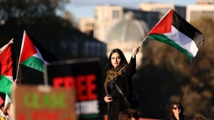 Ilustrasi - Seorang wanita di tengah kerumunan massa mengibarkan bendera Palestina.