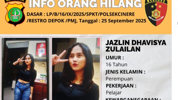 Seorang wanita bernama JAZLIN DHAVISYA ZULAILAN dikabarkan pergi dari rumah dan belum pulang. Wanita berusia 16 tahun itu sejak tanggal 20 September 2025 lalu pergi meninggalkan rumah ijin pamit kepada pelapor pergi kerumah teman yang bernama PUTRI.