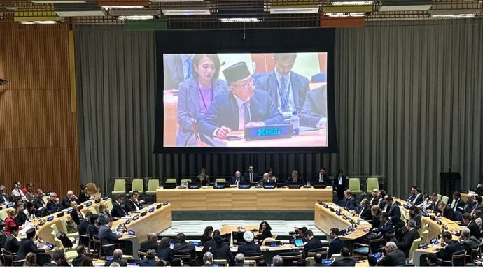 Menteri Luar Negeri Sugiono saat berbicara pada Pertemuan Tahunan Menteri tentang UNRWA yang berlangsung di sela Sidang ke-80 Majelis Umum PBB di Markas Besar PBB di New York, Amerika Serikat, Kamis (25/9/2025).