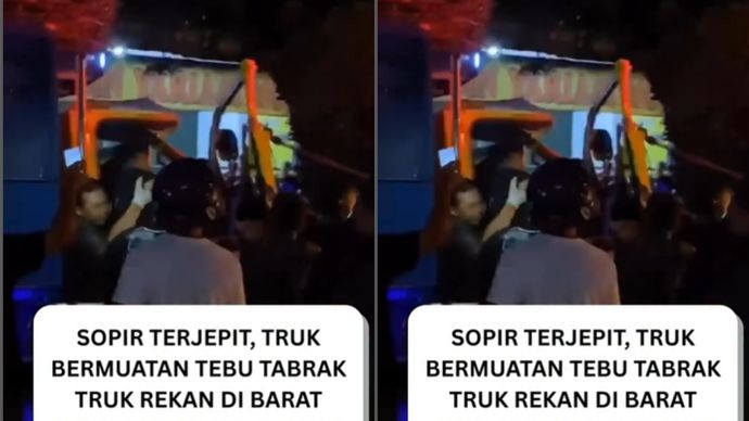 Sebuah truk bermuatan tebu menabrak body belakang truk rekannya yang melaju di depannya. Akibat benturan keras, sopir truk bermuatan tebu dilaporkan terjepit di dalam kabin. Warga sekitar bersama petugas berusaha melakukan evakuasi. Hingga kini, kondisi sopir masih dalam penanganan medis, sementara kedua truk mengalami kerusakan cukup parah di bagian depan dan belakang.