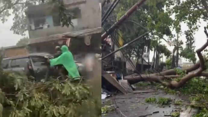 Hujan Disertai Anginn Terjang Tangsel. Pohon Tumbang Menimpa Mobil