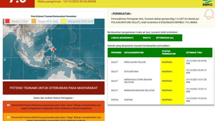 Badan Meteorologi, Klimatologi dan Geofisika (BMKG) mengingatkan warga tetap tenang setelah terjadi gempa di barat laut Pulau Karatung, Kecamatan Nanusa, Kabupaten Kepulauan Talaud, Sulawesi Utara, pada pukul 08:43:58 WIB dengan magnitudo 7,6, Jumat, 10 Oktober 2025. ANTARA/HO-BMKG