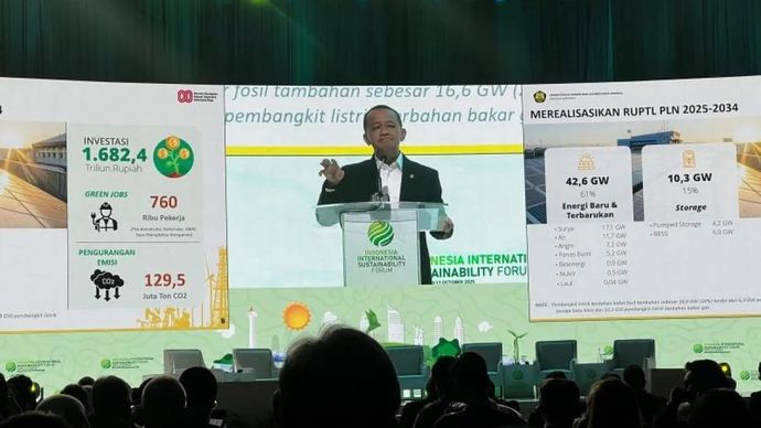 Menteri Energi dan Sumber Daya Mineral RI, Bahlil Lahadalia dalam acara Indonesia International Sustainability Forum, Jakarta, Jumat 10 Oktober 2025. ANTARA/Putu Indah Savitri.