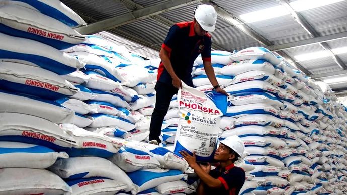 Dua petugas mengangkut karung pupuk bersubsidi di gudang milik PT Pupuk Indonesia (Persero), sebagai bagian dari upaya menjaga ketersediaan pupuk nasional untuk mendukung ketahanan pangan dan produktivitas petani. ANTARA/HO-Kementan.