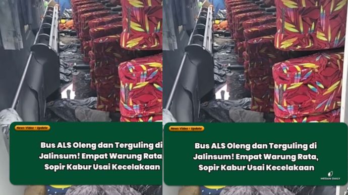 Bus yang membawa penumpang dari arah Medan menuju Gunung Tua, Kabupaten Padang Lawas Utara itu tergelincir ke berm jalan, menabrak empat warung di pinggir jalan, dan dua unit sepeda motor yang sedang parkir, sebelum akhirnya terguling ke badan jalan.