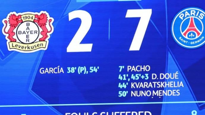 Enam pemain Paris Saint-Germain (PSG) melumpuhkan Bayer Leverkusen 7-2 di kandangnya sendiri dalam pertandingan fase liga Liga Champions di Stadion BayArena, Leverkusen, Rabu dini hari WIB.
