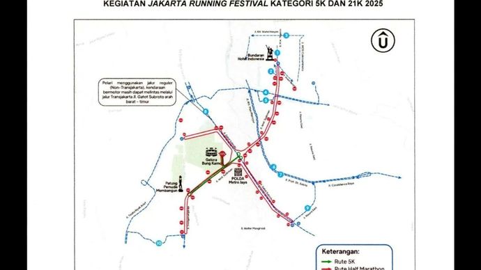 Rute jalan alternatif saat perhelatan Jakarta Running Festival (JRF) 2025 pada 25 Oktober 2025.