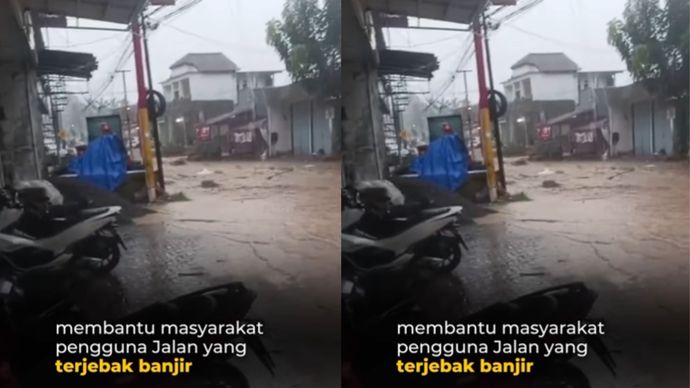 Satuan Samapta Polres Sukabumi Polda Jabar, membantu masyarakat pengguna Jalan yang terjebak banjir di Jalan Nasional Kecamatan Cikakak Kabupaten Sukabumi dengan mengatur arus lalu-lintas dan mendorong kendaraan yang mogok Senin (27/10/25).