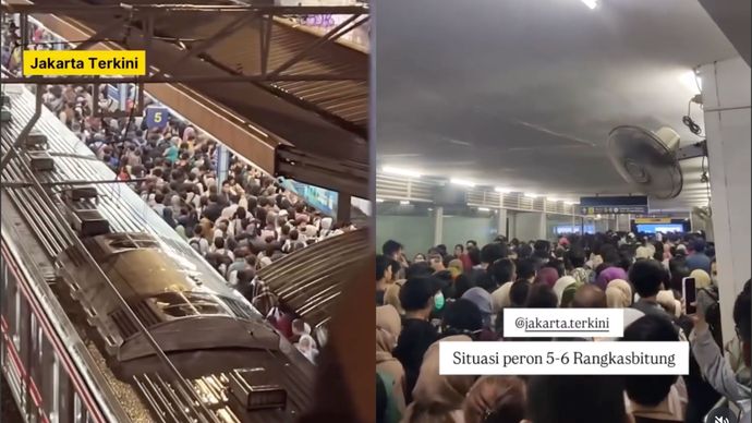 Stasiun Tanah Abang dipadati penumpang pada Rabu malam, 29 Oktober 2025, usai hujan deras mengguyur wilayah Jakarta.