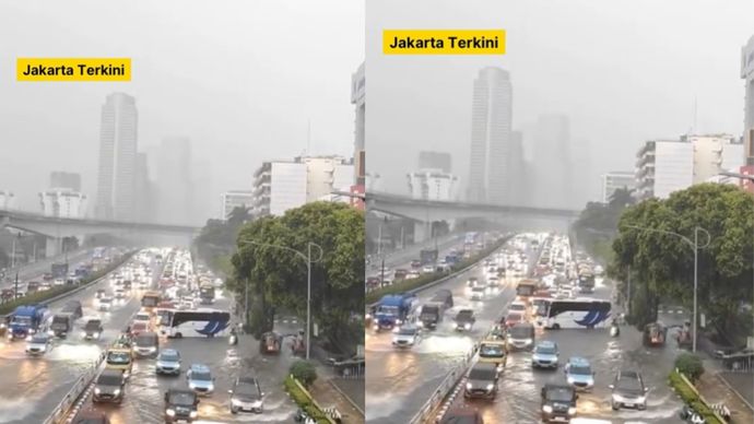 Pukul 16.18 WIB| Pantauan banjir di Jalan Gatot Subroto depan Kemenaker arah Cawang, Rabu (29/10/2025). Lalu lintas terpantau padat, harap berhati-hati Jakartans!