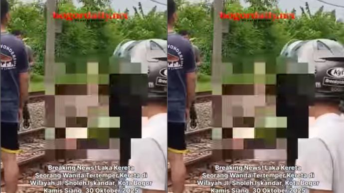Seorang wanita tertemper kereta di perlintasan wilayah Underpass Jalan Sholeh Iskandar, Kota Bogor pada Kamis siang, 30 Oktober 2025.