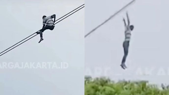 Tangkapan layar - Seorang pria nekat bergelantung di kabel udara Jalan Gatot Subroto, Setiabudi, Jakarta Selatan, Senin 3 November 2025. ANTARA/HO-Instagram/wargajakartaid.