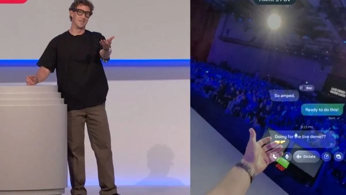 CEO Meta Mark Zuckerberg saat memeragakan fitur kacamata pintar Ray-Ban Display. (ANTARA/Meta)